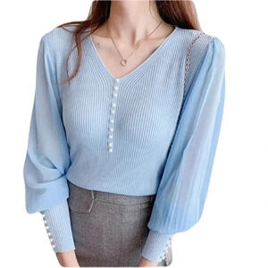 Classy pearl sheer  sleeved knit sweater/ Light baby blue/ See measurements